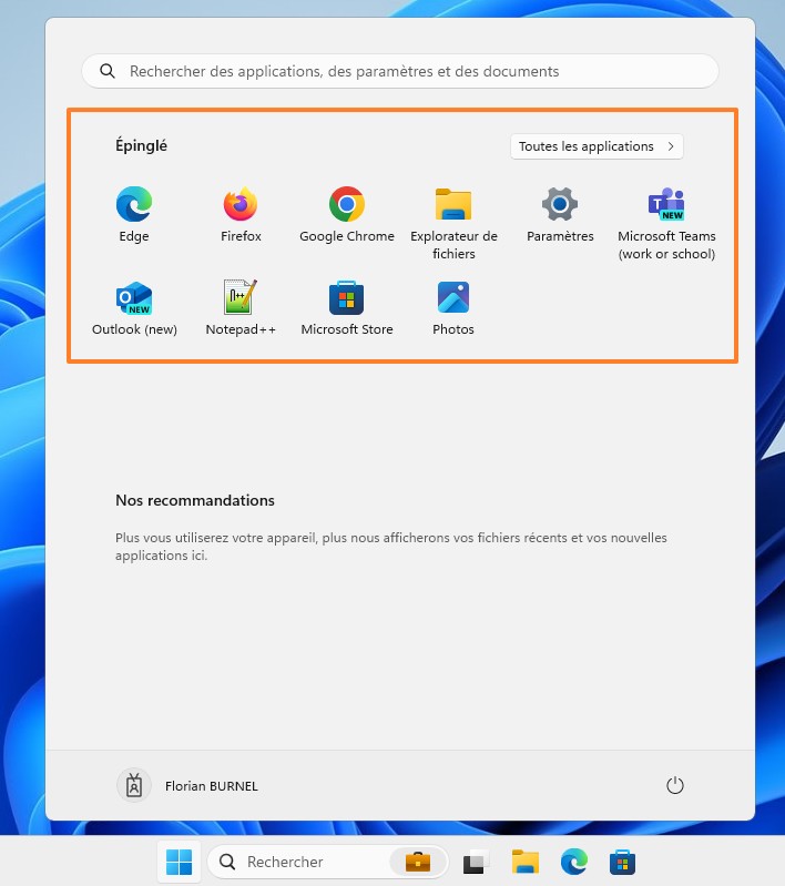 Windows 11 - Menu démarrer modèle