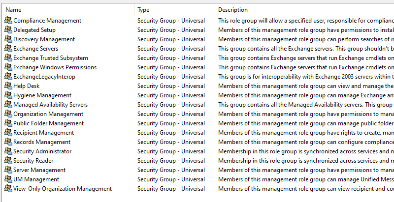 Groupes de sécurité créés par Exchange