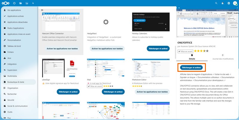Ajouter app ONLYOFFICE dans Nextcloud