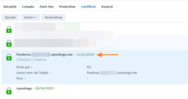 Synology - Aperçu des certificats
