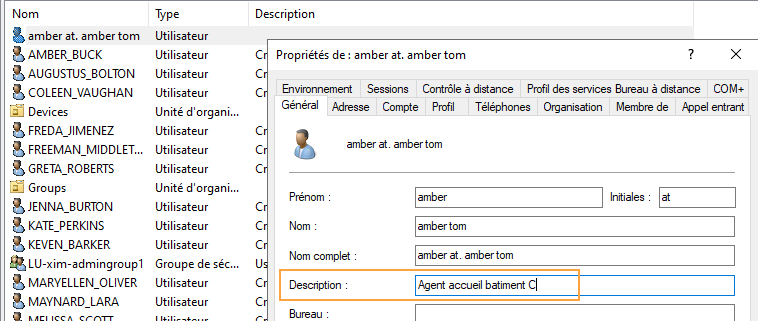 Exemple de description d'un objet utilisateur dans l'Active Directory.
