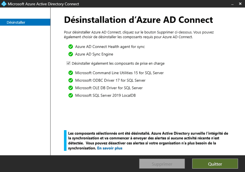 Azure AD Connect - Désinstallation terminée