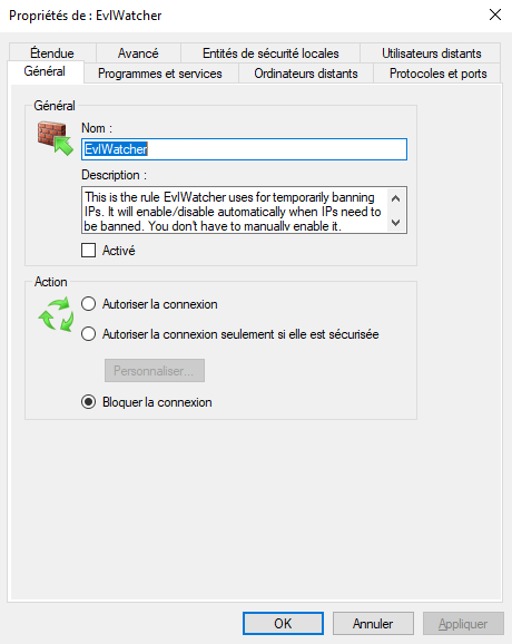 La règle de pare-feu d'EvlWatcher