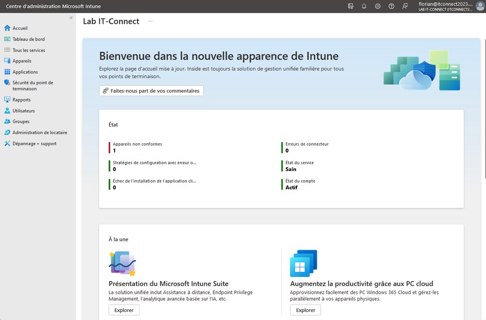 Aperçu interface Microsoft Intune