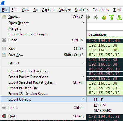 Accès à l'export des objets HTTP reconstruire fichier pcap wireshark