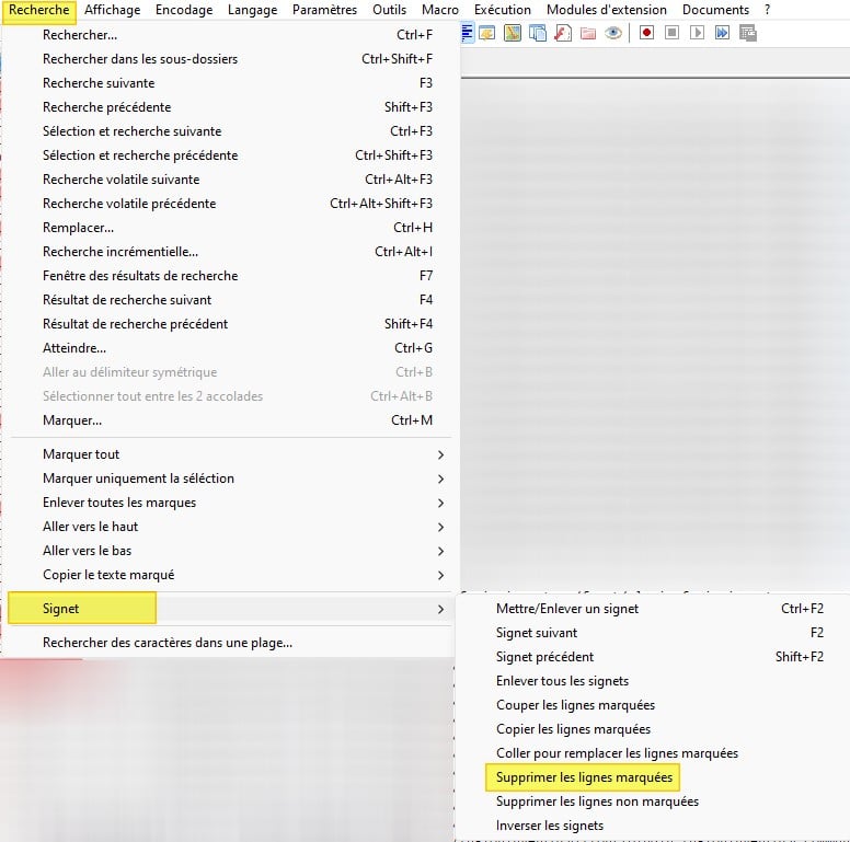 Notepad - Signet - Supprimer les lignes marquées