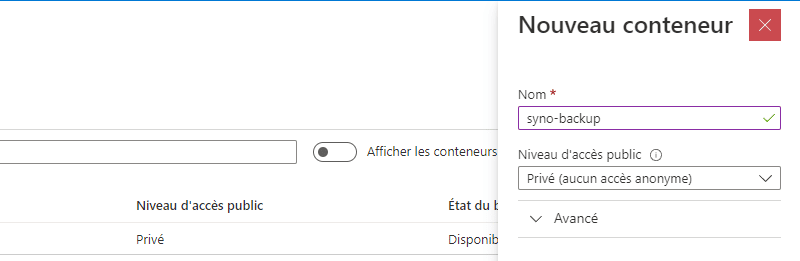 Microsoft Azure - Nouveau conteneur