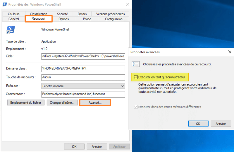 Raccourci PowerShell - Exécutant en tant qu'admin