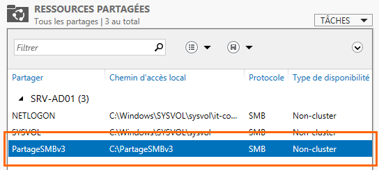 Le partage "PartageSMBv3" est bien créé !