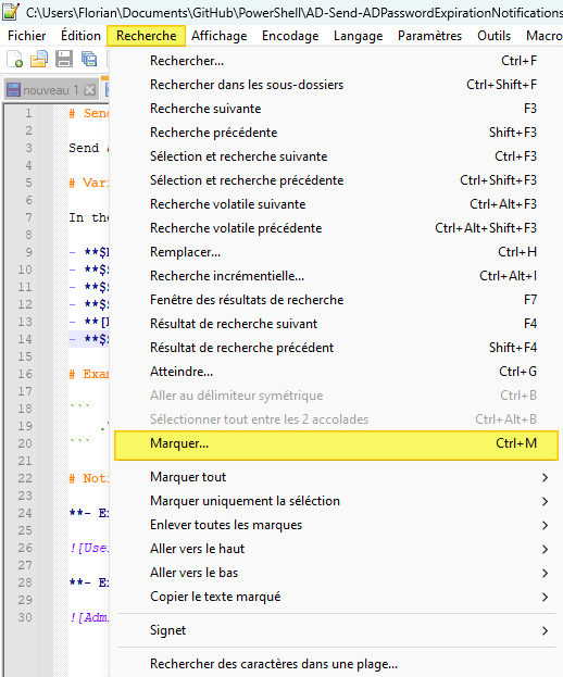 Notepad - Recherche - Marquer
