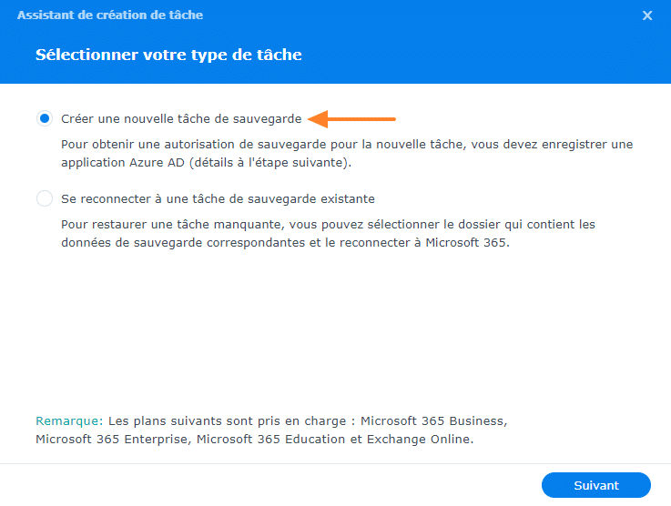 Active Backup for Microsoft 365 - Créer une nouvelle tâche de sauvegarde