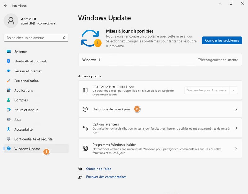 Windows 11 - Désinstaller mise à jour Windows Update - Etape 1