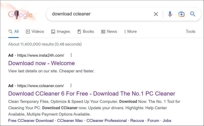 CCleaner - Campagne Google Ads malveillante - 2023