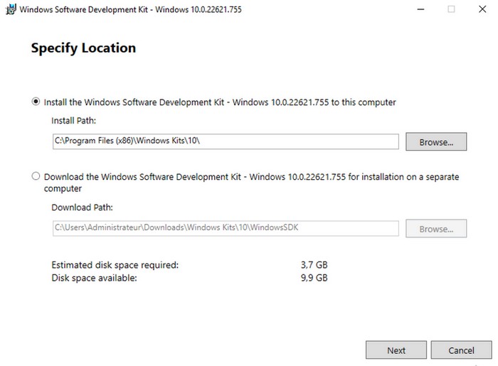 Installer Windows SDK - Etape 1