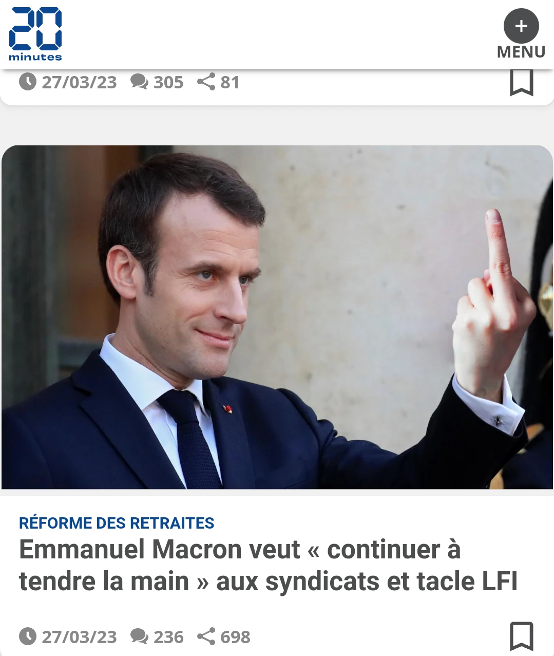 Le titre de l'article dit que Macron tend la main mais la photo le montre en train de tendre le majeur avec un sourire narquois