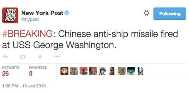Le tweet du quotidien «New York Post» affirmait notamment que le porte-avions USS George Washington avait été pris pour cible par des missiles chinois. (photo: dr)